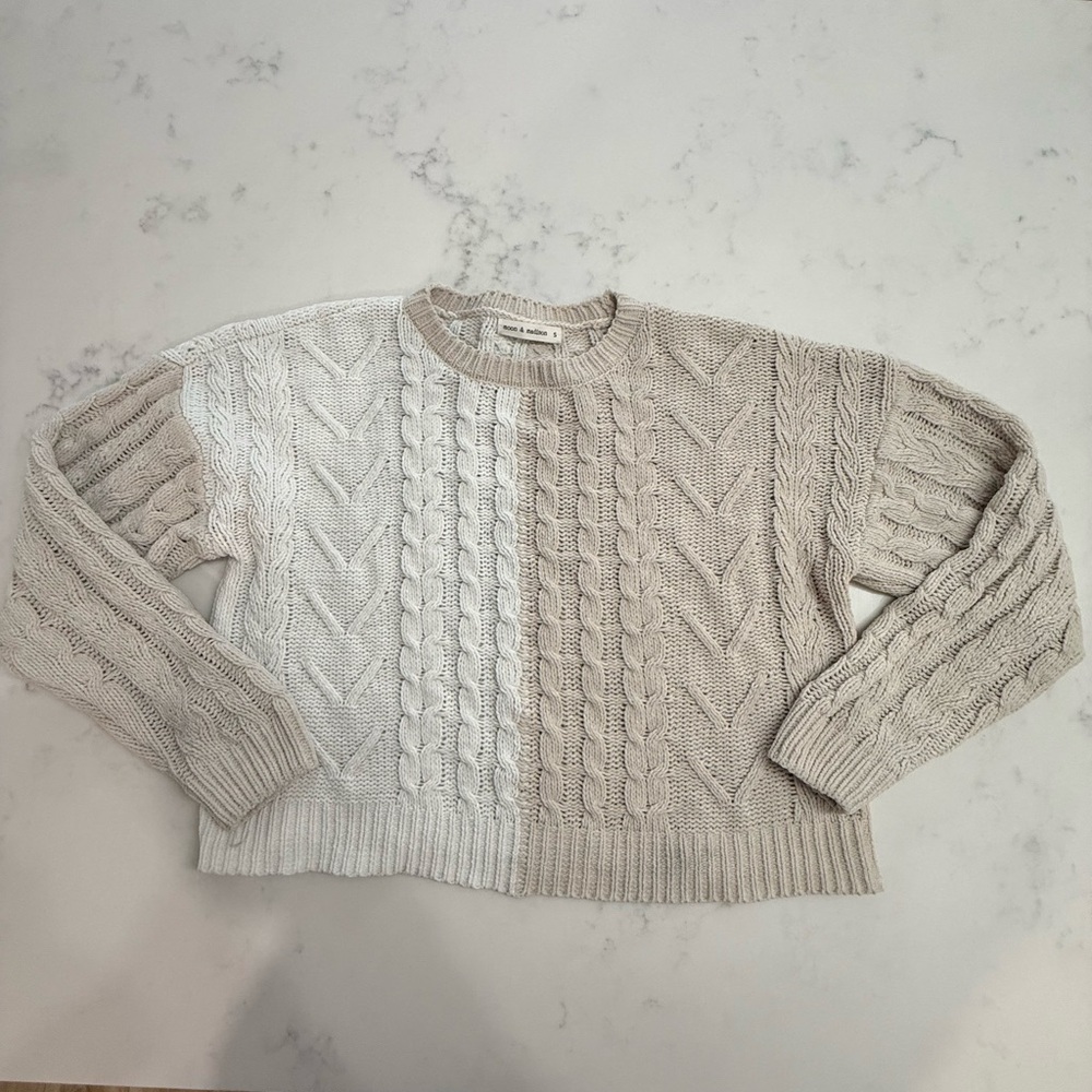 moon & madison Two-Tone Cable Knit Sweater - Cream and Tan